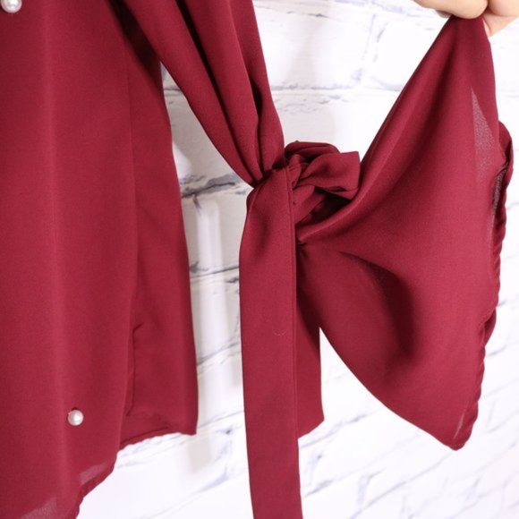 2/$20 pearl tie bell sleeve red blouse b635 - Picture 5 of 7